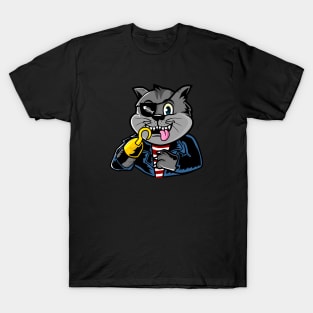 Cartoon Pirate Cat with Eye Patch and Hook Hand T-Shirt